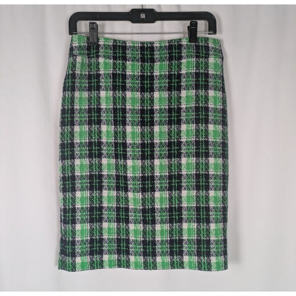 Jones New York Green Black Plaid Tweed Wool Blend Pencil Skirt Size 2 Flawed